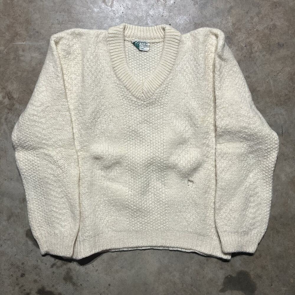 Vintage 60s Majestic Cream V-Neck Thick Wool Sweater